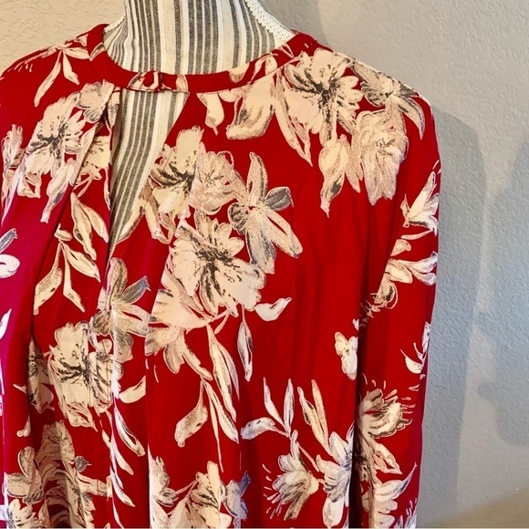 Cotton Candy Tunic Top Large Red Taupe Floral 100% Rayon Keyhole Flowy Boho - Picture 7 of 16